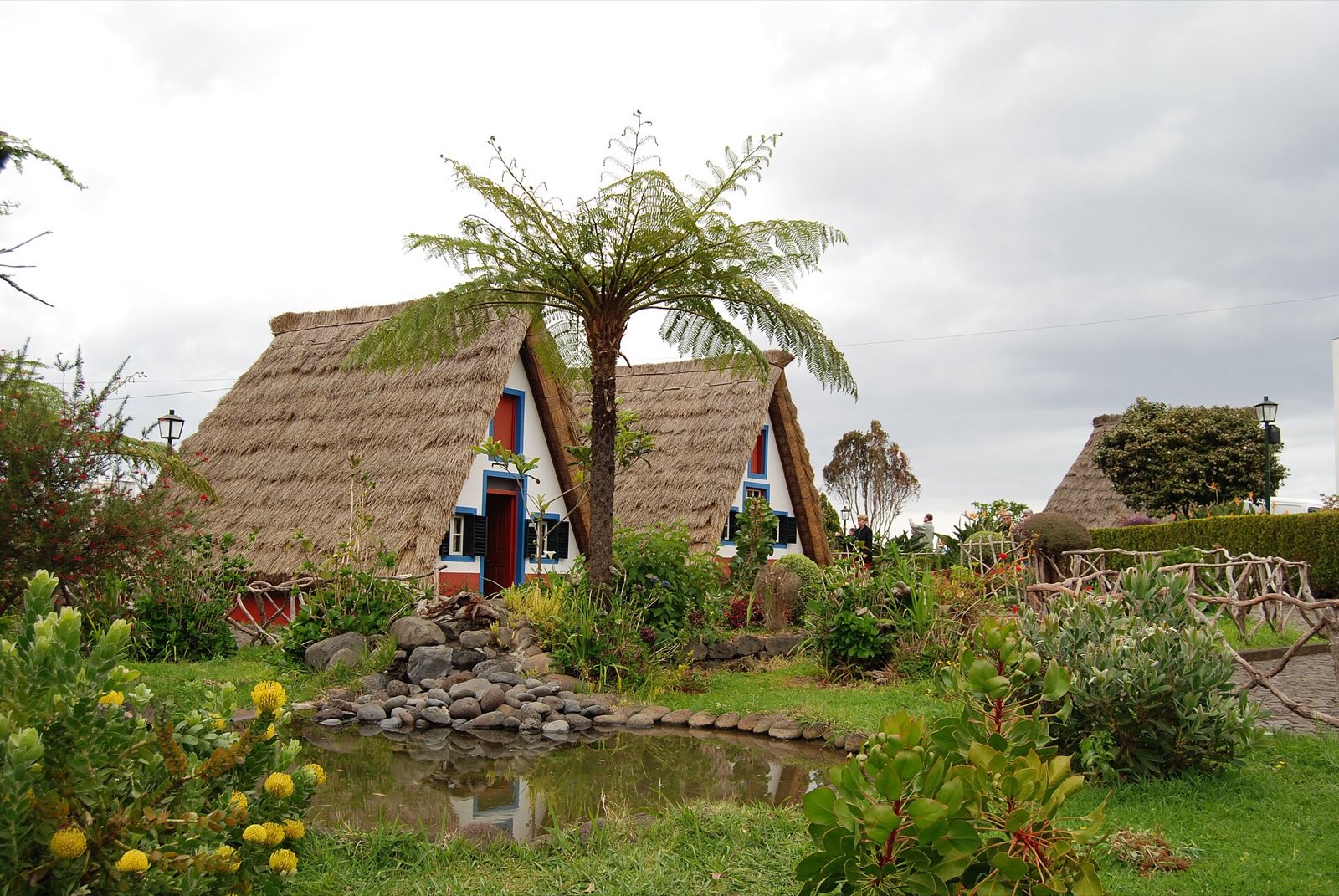 Two triangular Santana houses with steep straw roofs reaching almost to the ground, blue-framed doors and red-painted lower walls, standing behind a small pond with a tree fern between them.
