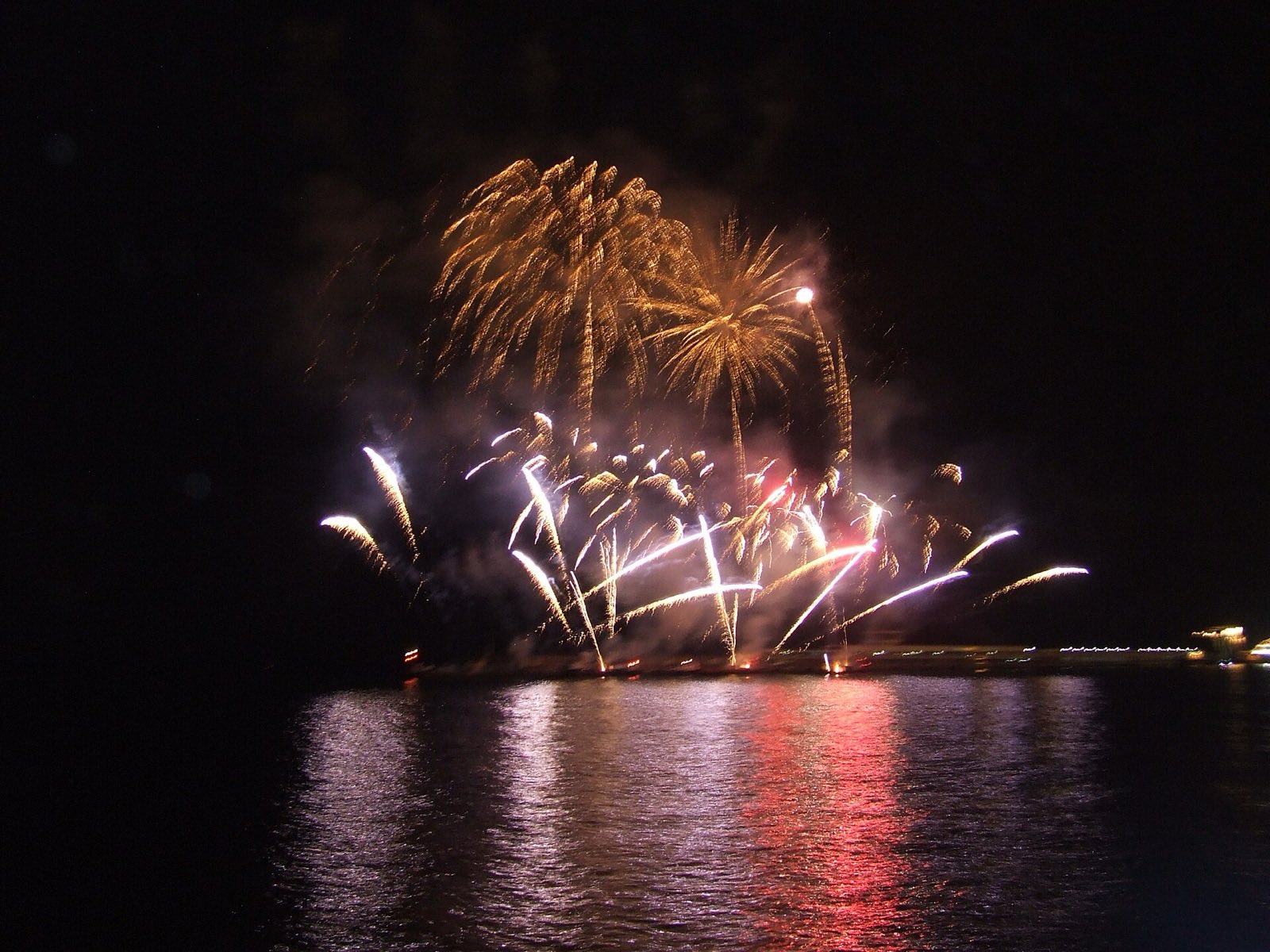 Gold and white fireworks bursting low over Funchal bay at night, fired from the shoreline, their light drawn out in long coloured streaks across the black water below.